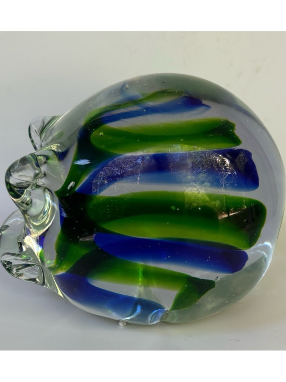 Vintage Murano Glass Pig Paperweight with Blue and Green Ribbon Motif